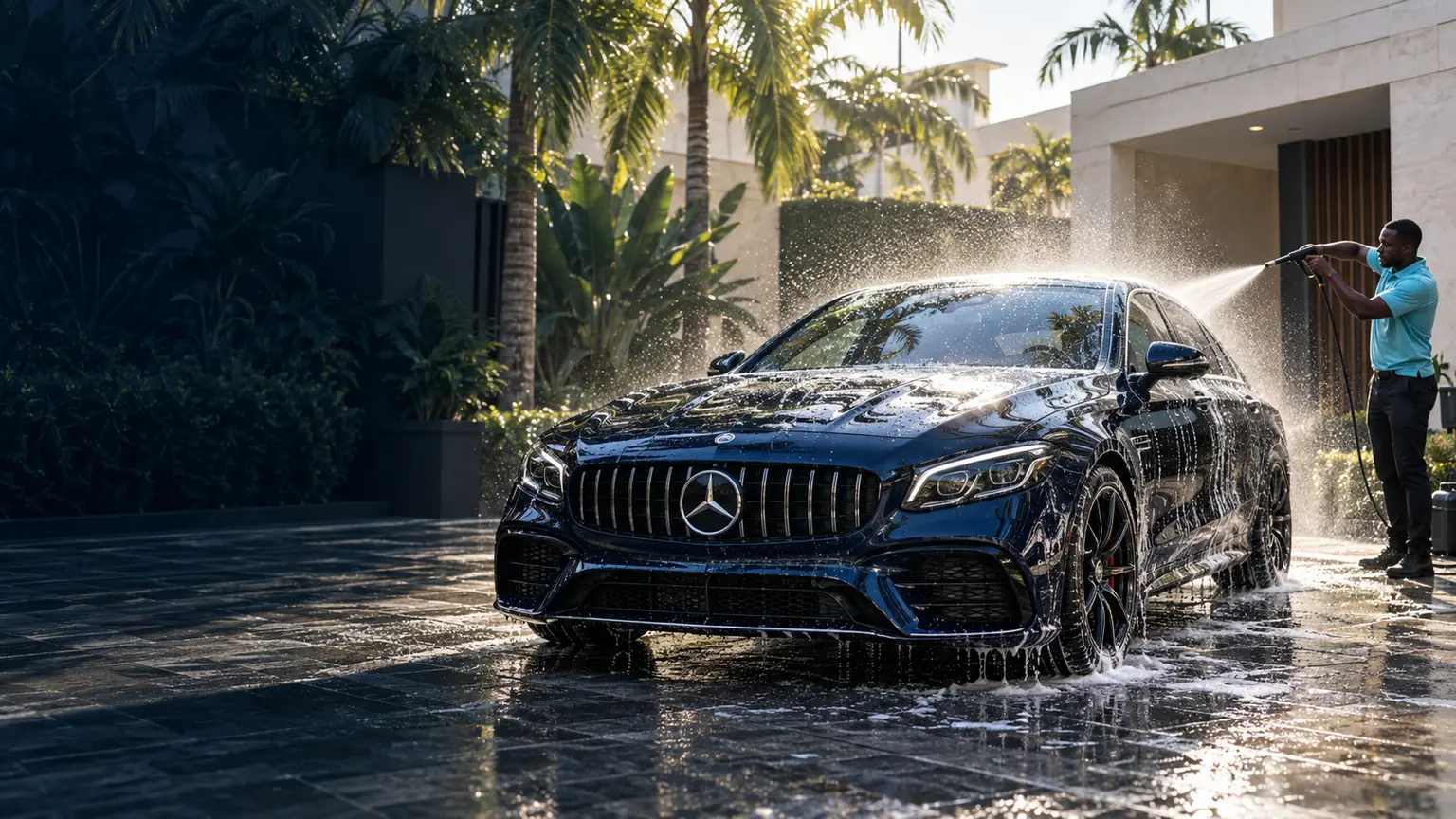 Premium car detailing at a home driveway