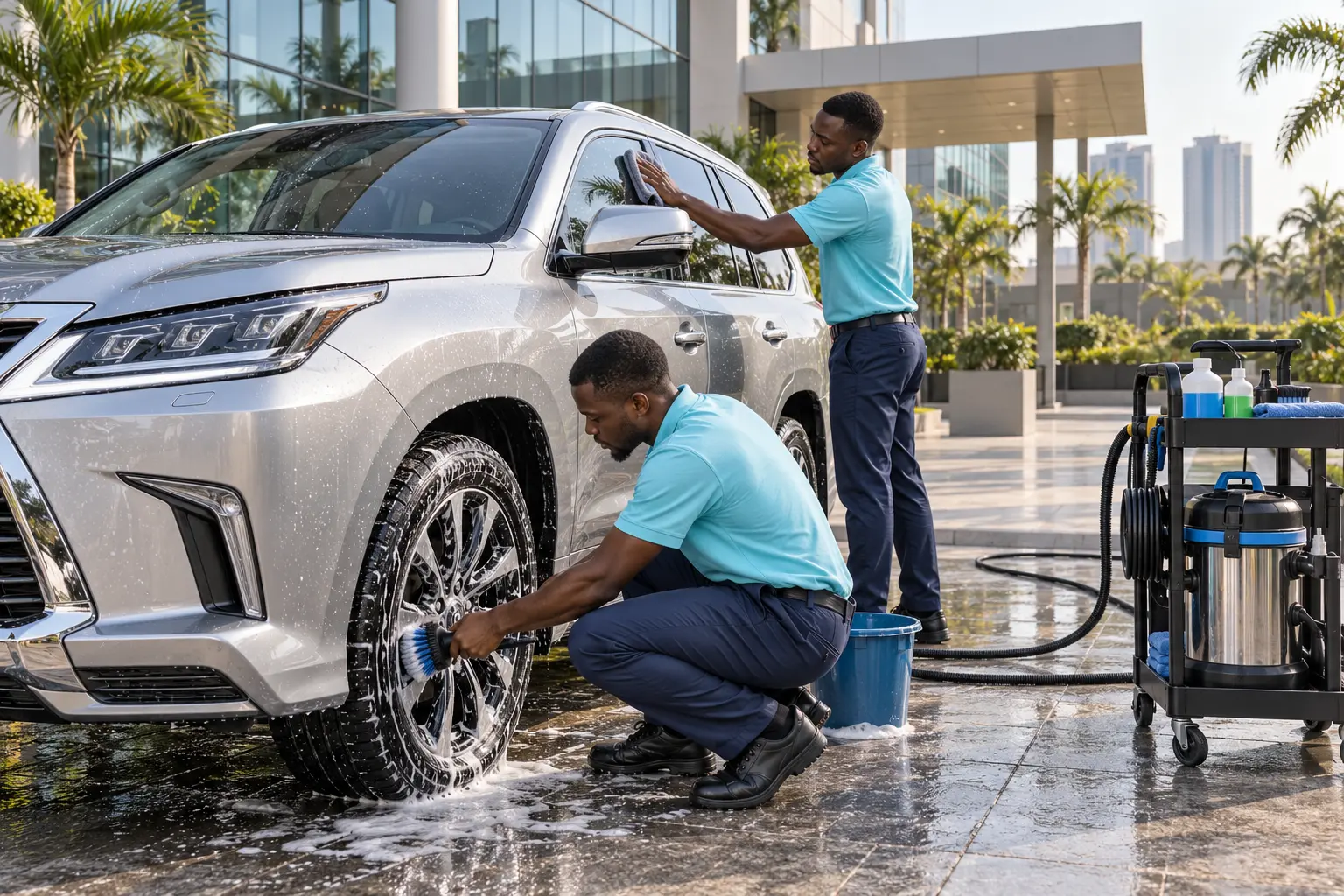 Illustrative detailing professionals working at an office location