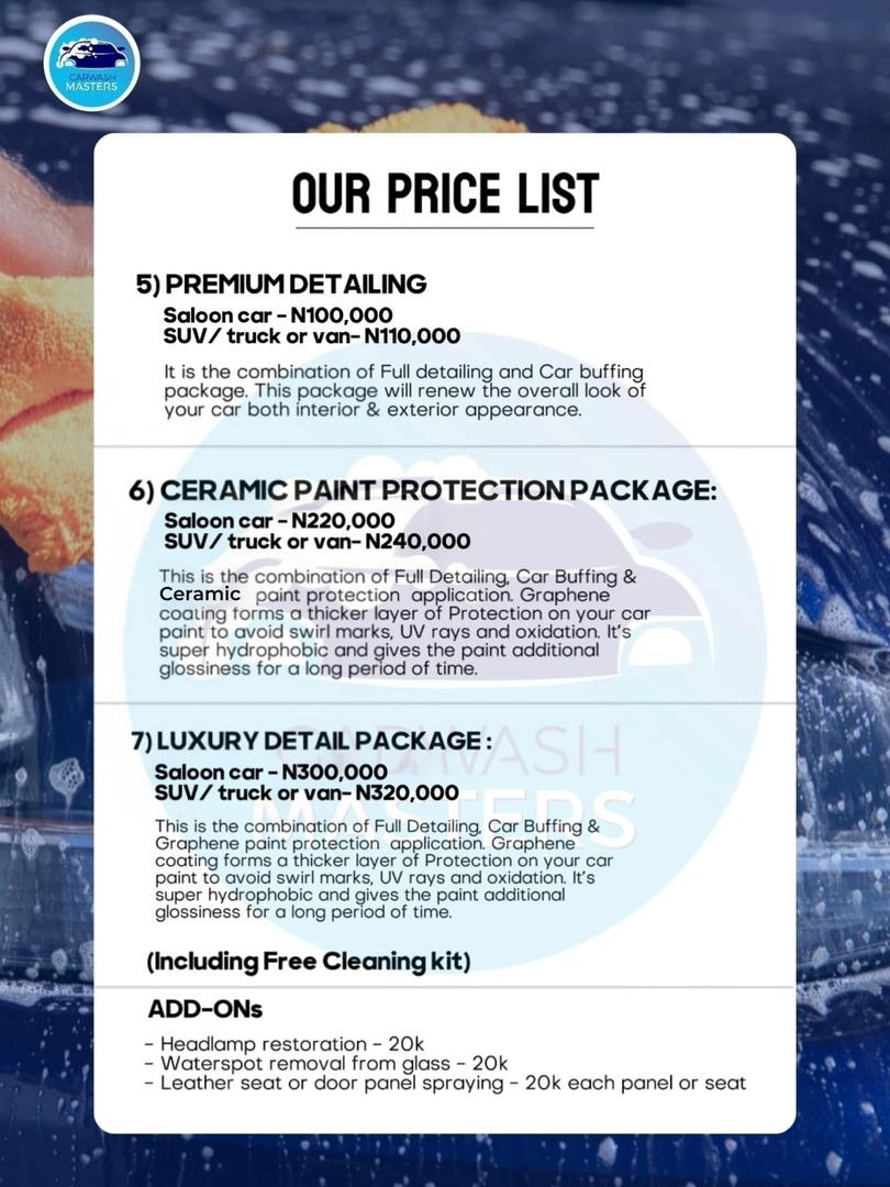 Carwash Masters price list